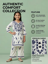 Girls' White Kurti & Trouser Set with Navy Blue Lucknowi Embroidery