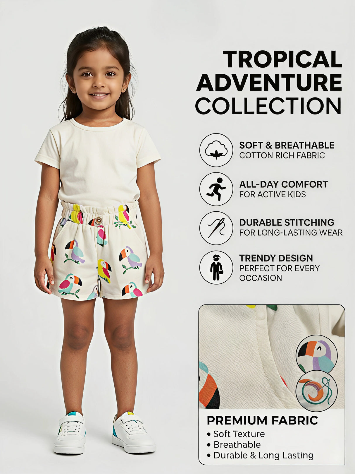 Girls Pink Toucan Print Cotton Shorts with Paperbag Waist