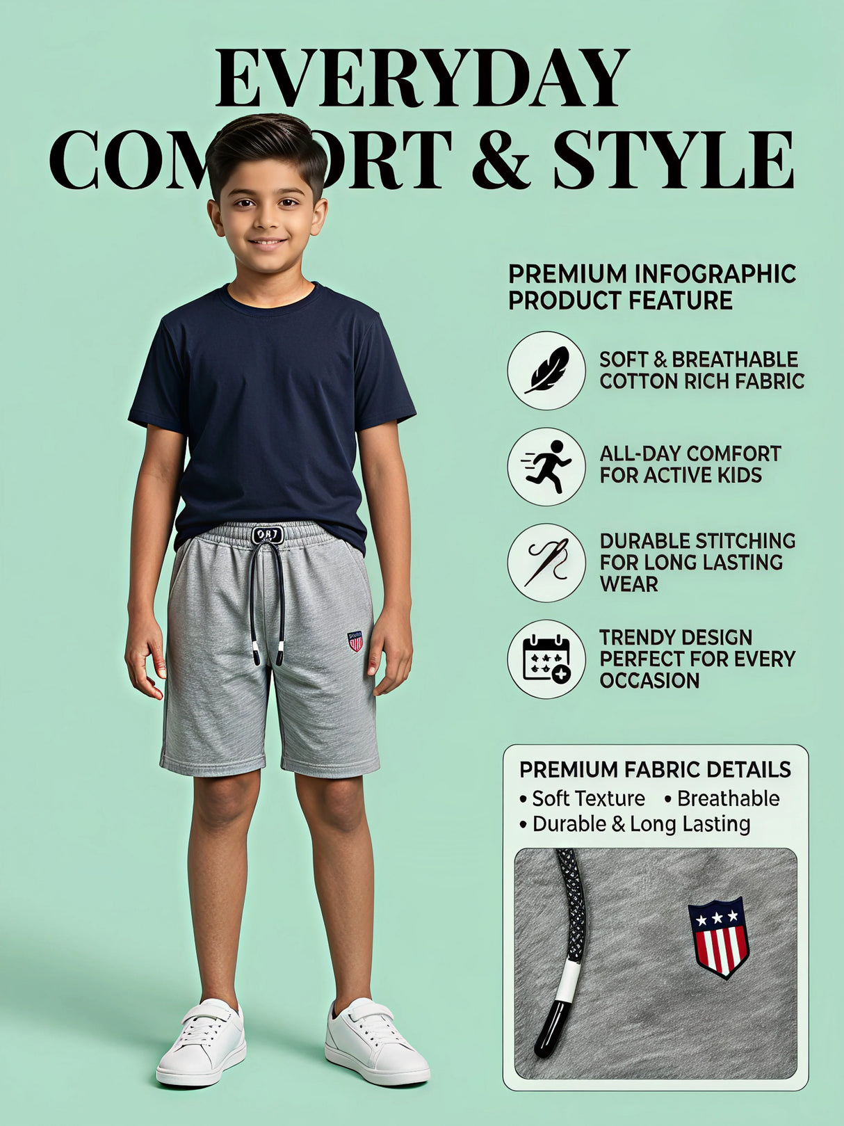 Boys' Premium Grey Cotton Knit Shorts - Casual Activewear