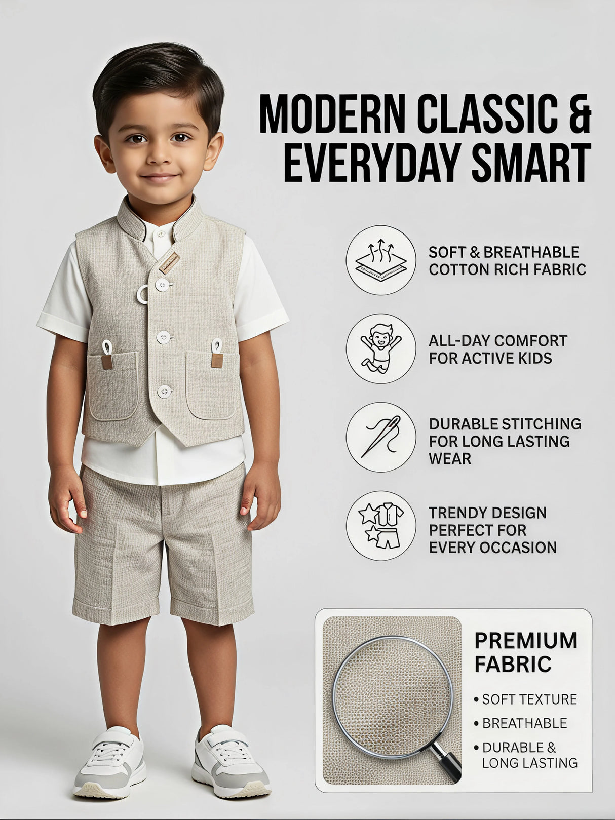 Boys' Cream Nehru Waistcoat & Shorts Set