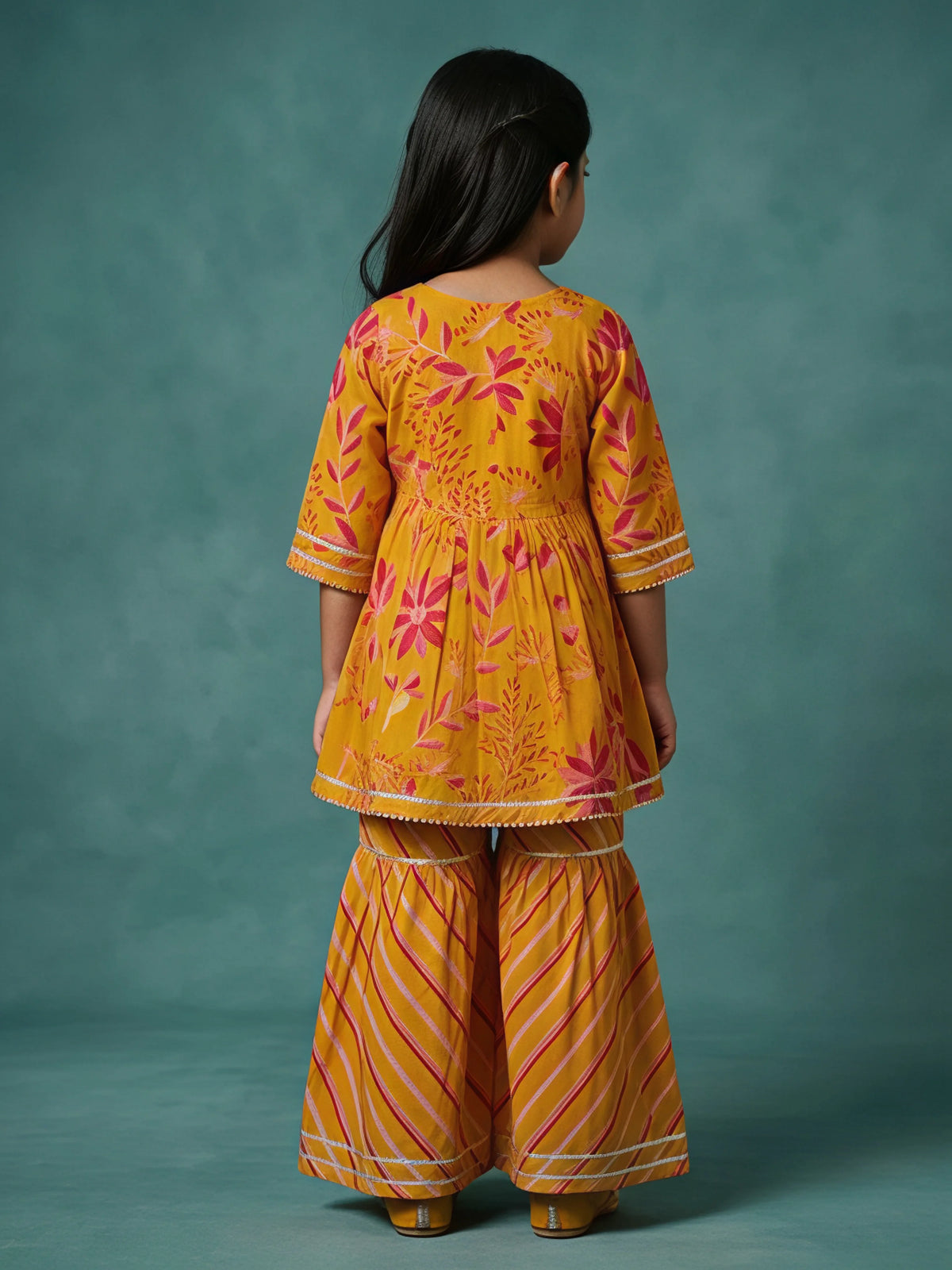 Girls Orange Floral Printed Sharara Set.