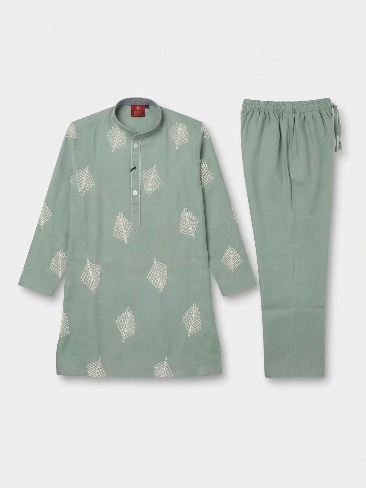 Boys Sage Green Leaf Printed Kurta Set