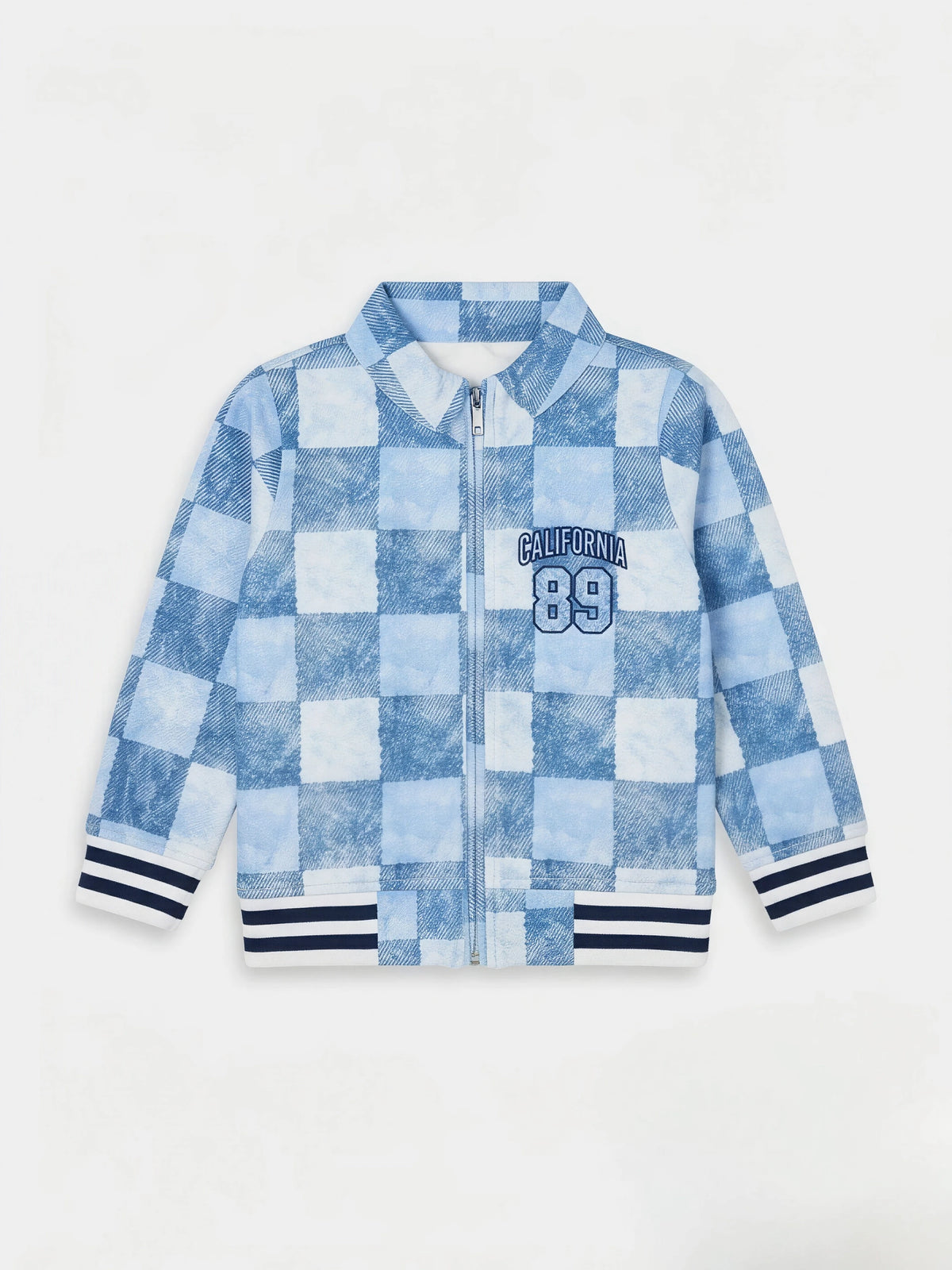 Blue Checkered Casual Jackets with California 89 Print