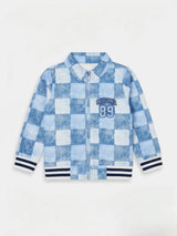 Blue Checkered Casual Jackets with California 89 Print