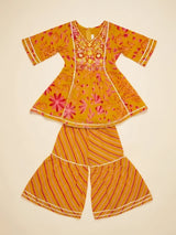 Girls Orange Floral Printed Sharara Set.
