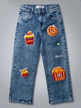 Girls Blue Food-Themed Patchwork Jeans
