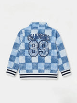 Blue Checkered Casual Jackets with California 89 Print
