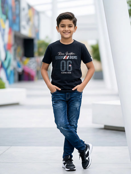 Boys Black Graphic Print Cotton T-Shirt