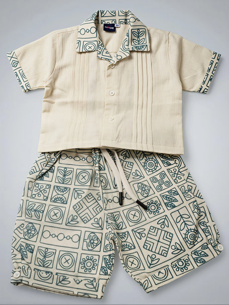 Boys Cream Geometric Print Shorts Set