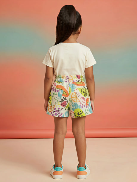 Girls Vibrant Yellow Multi-Fruit Printed Casual Shorts.