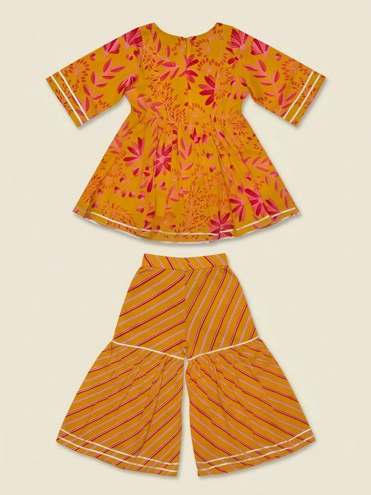 Girls Orange Floral Printed Sharara Set.
