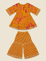 Girls Orange Floral Printed Sharara Set.
