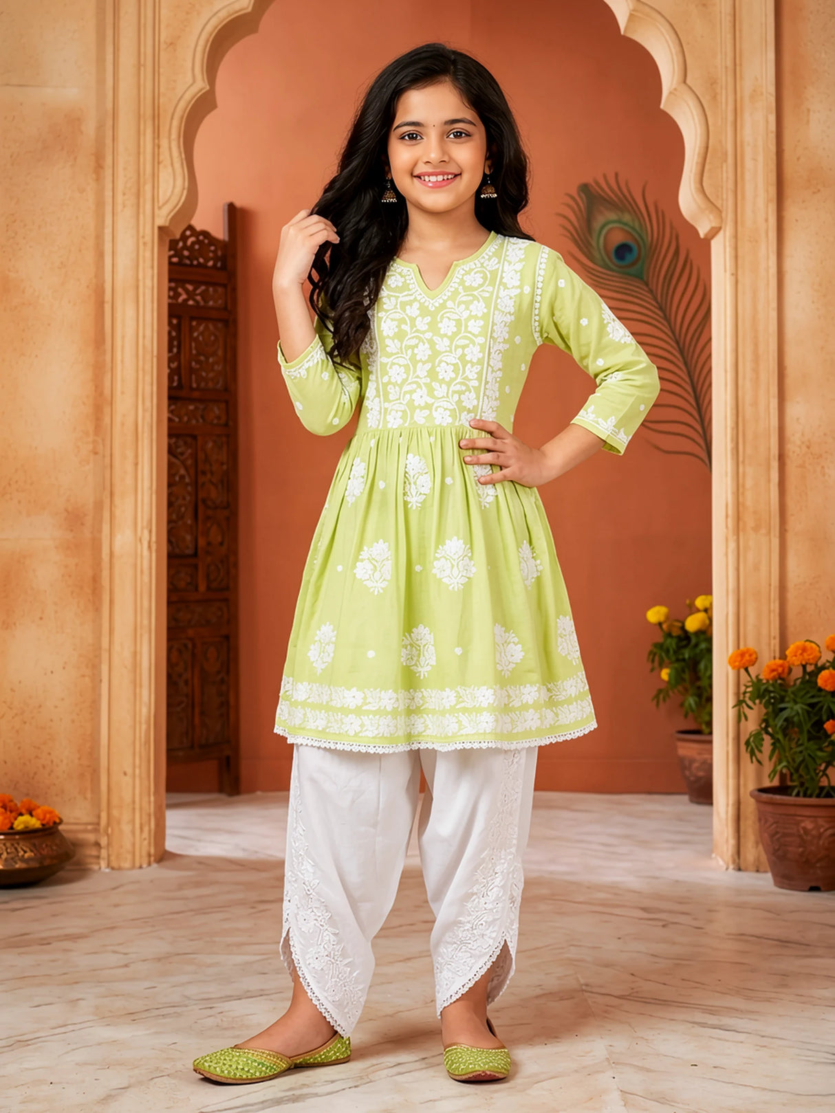 Girls' Lime Green Chikankari Embroidered Dhoti Set ()