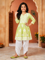 Girls' Lime Green Chikankari Embroidered Dhoti Set ()