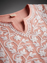Girls Peach Chikankari Embroidered Frock Kurta with Dhoti Pants Set
