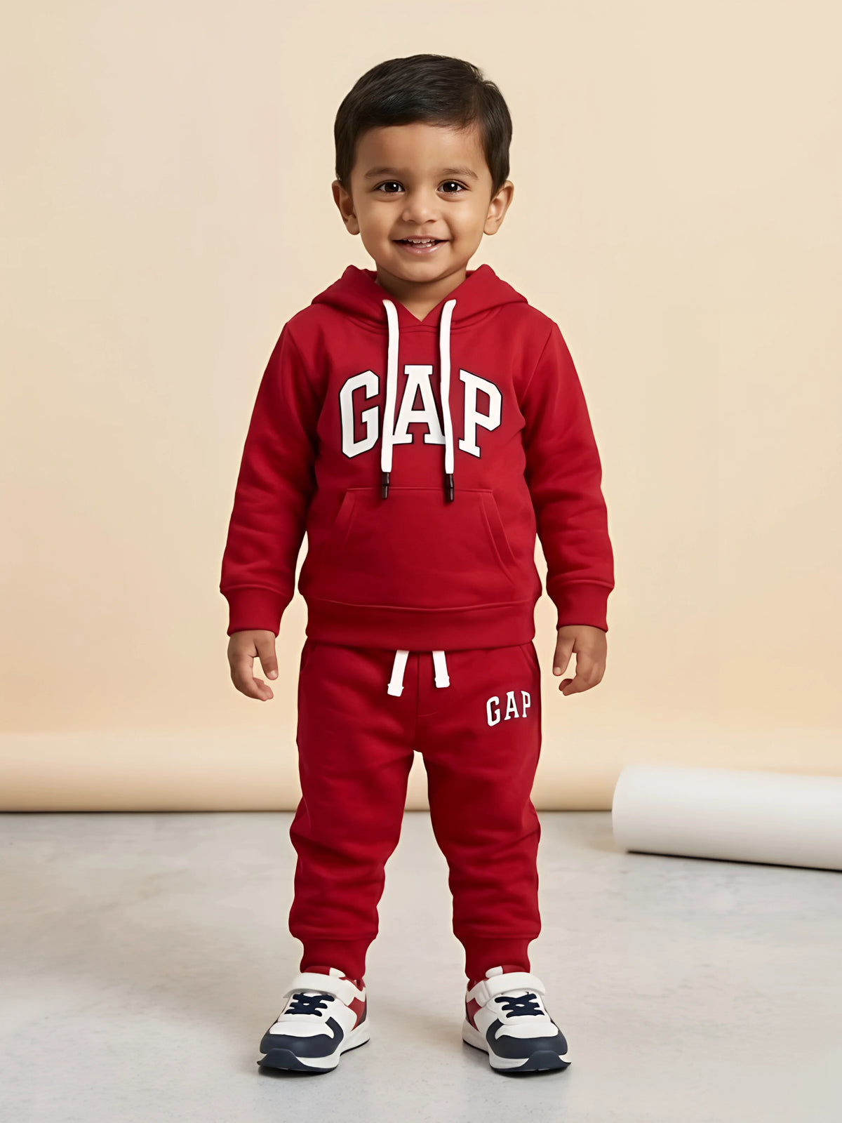 Young boy wearing a red co-ord set with a hooded sweatshirt featuring a front kangaroo pocket and matching red jogger pants.