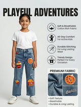 Girls Blue Food-Themed Patchwork Jeans
