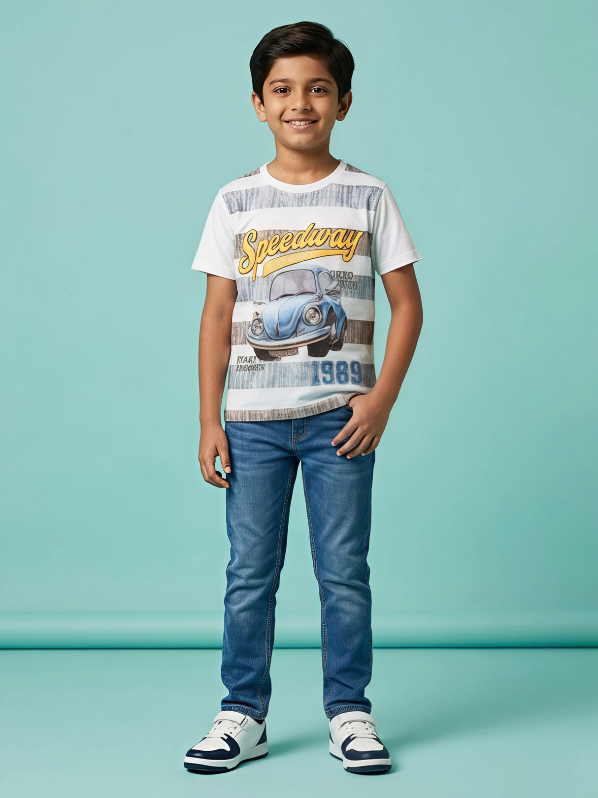 Boys White Speedway Vintage Car Graphic Print Cotton T-Shirt