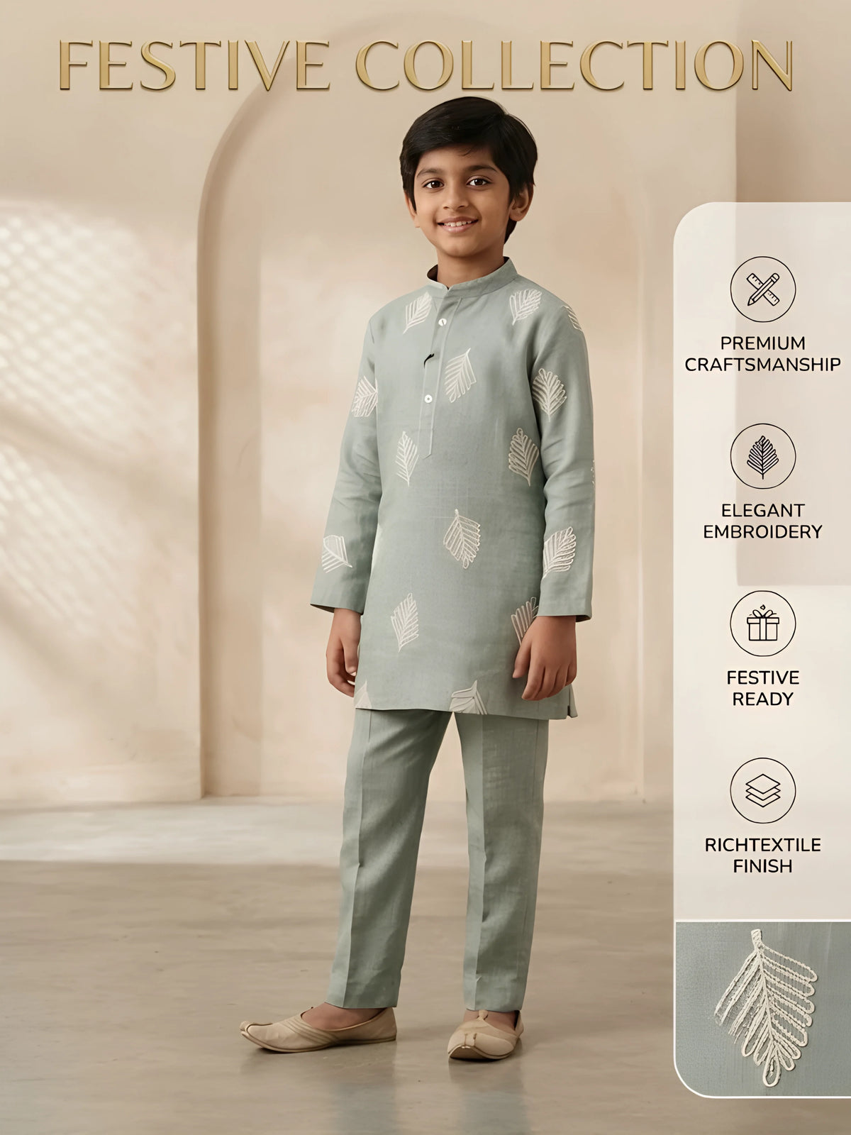 Boys Sage Green Leaf Printed Kurta Set