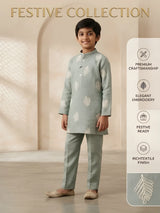 Boys Sage Green Leaf Printed Kurta Set