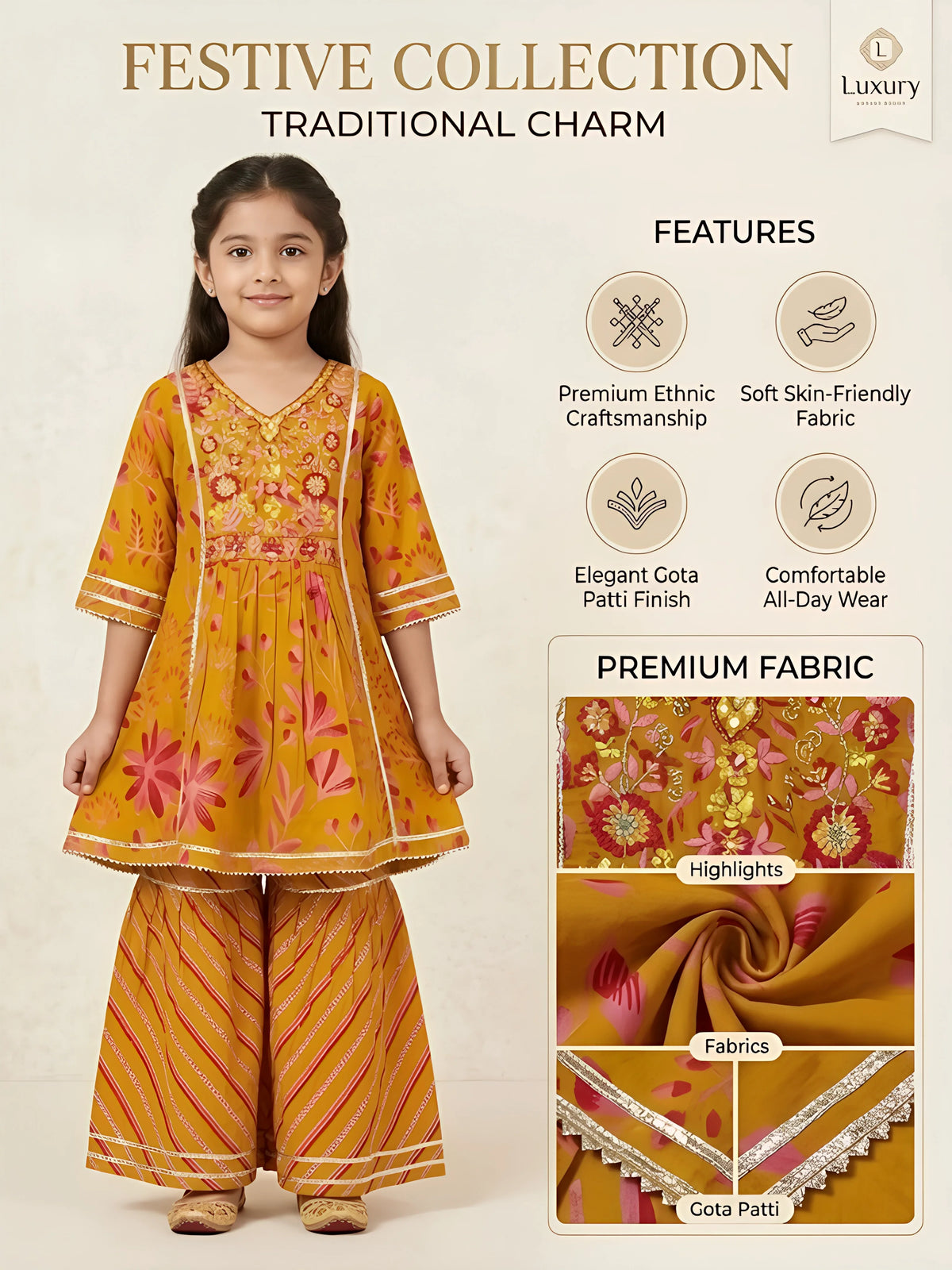 Girls Orange Floral Printed Sharara Set.