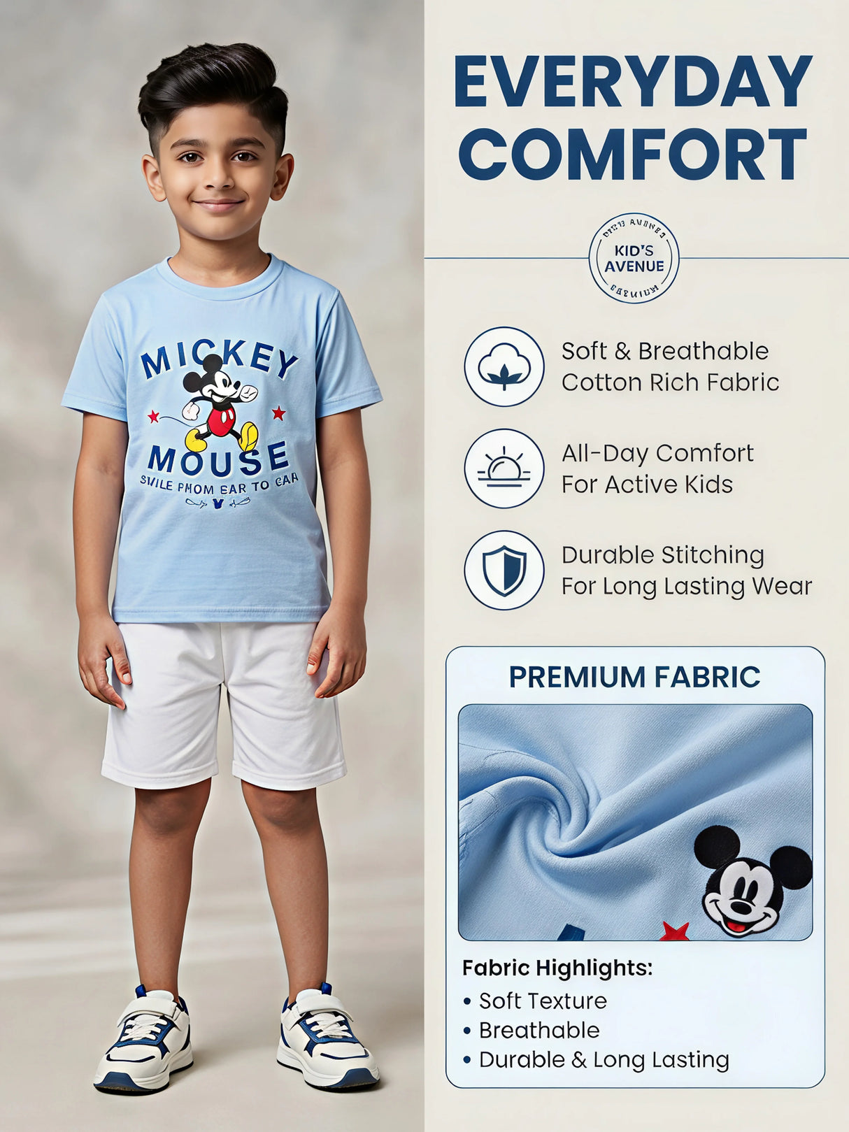 Boys Light Blue Mickey Mouse Printed T-Shirt