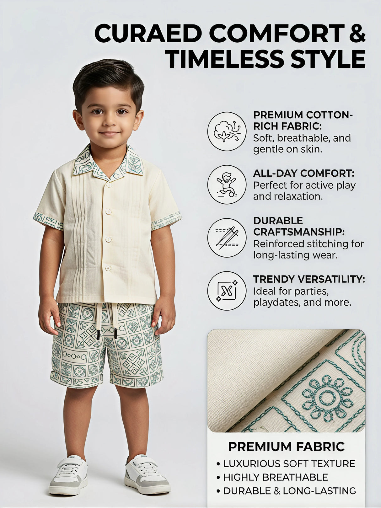 Boys Cream Geometric Print Shorts Set