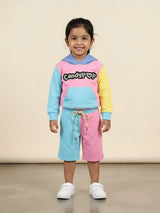 Pink multi colour girls coordinate set with hoodie and shorts.