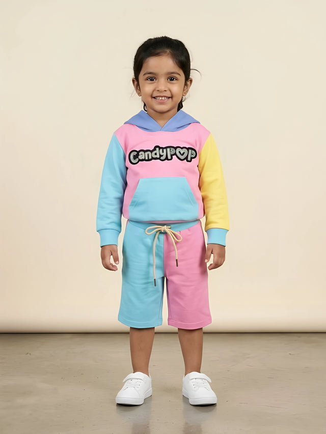 Pink multi colour girls coordinate set with hoodie and shorts.