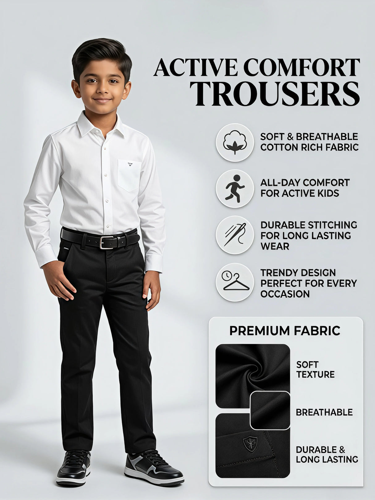 Boys Classic Black Regular Fit Casual Pants
