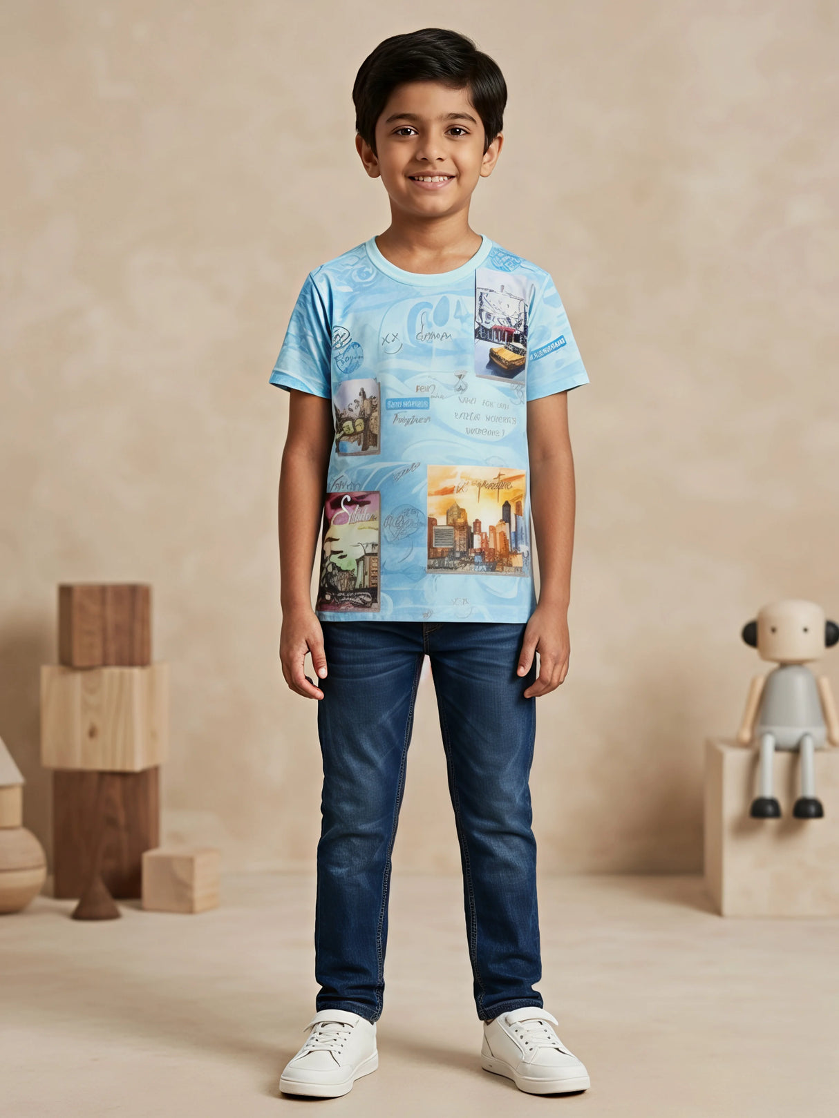 Boys Light Blue City Graphic Print T-Shirt