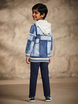 Blue Patchwork Print Hooded Zip Up Jackets Casual Wear