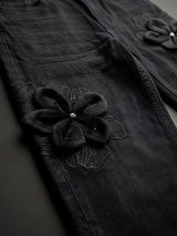 Girls Black Floral Applique Wide Leg Denim Pants