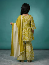 Girls Green Floral Printed Sharara Set with Dupatta.