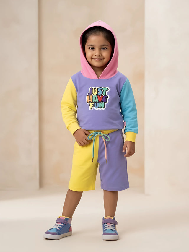Purple multi-color block girls coordinate set featuring a hooded sweatshirt and matching shorts.