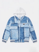 Blue Patchwork Print Hooded Zip Up Jackets Casual Wear