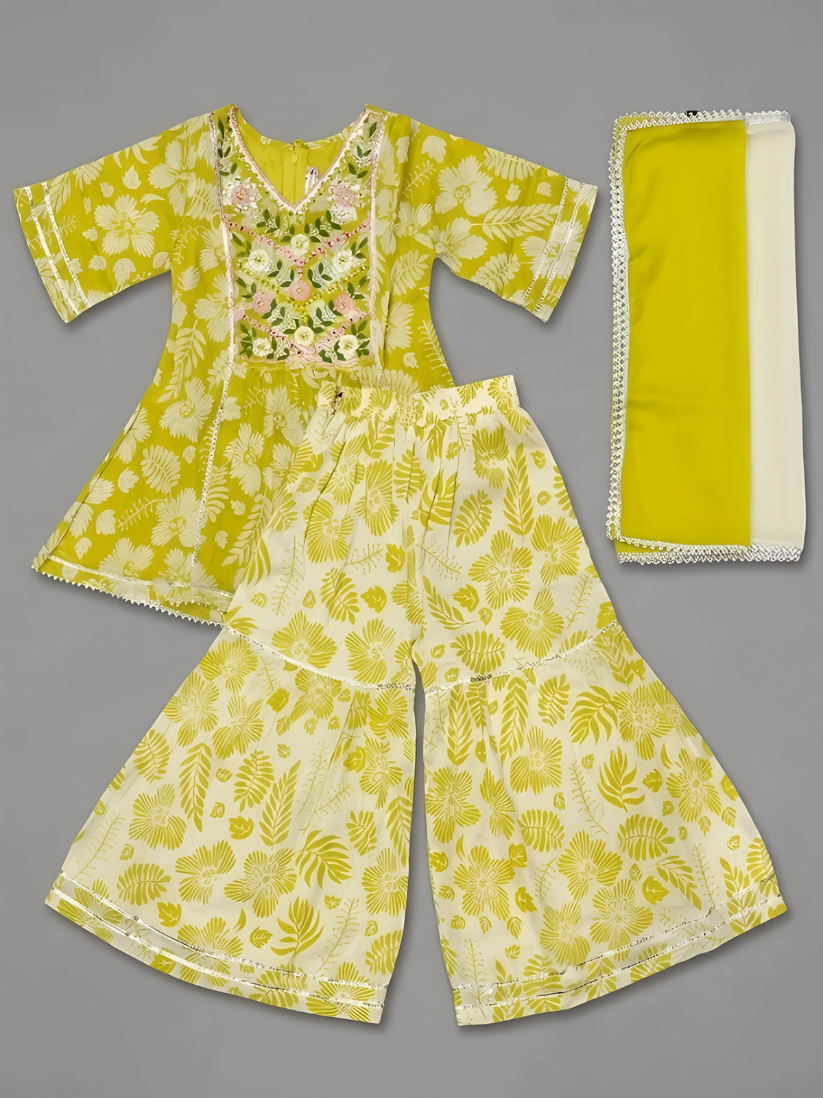 Girls Green Floral Printed Sharara Set with Dupatta.