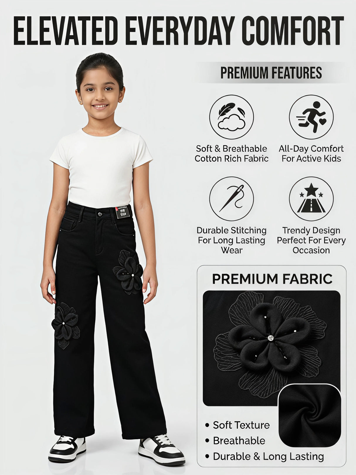 Girls Black Floral Applique Wide Leg Denim Pants