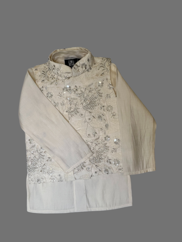 Boys' White Kurta Set with Silver Embroidered Jacket.