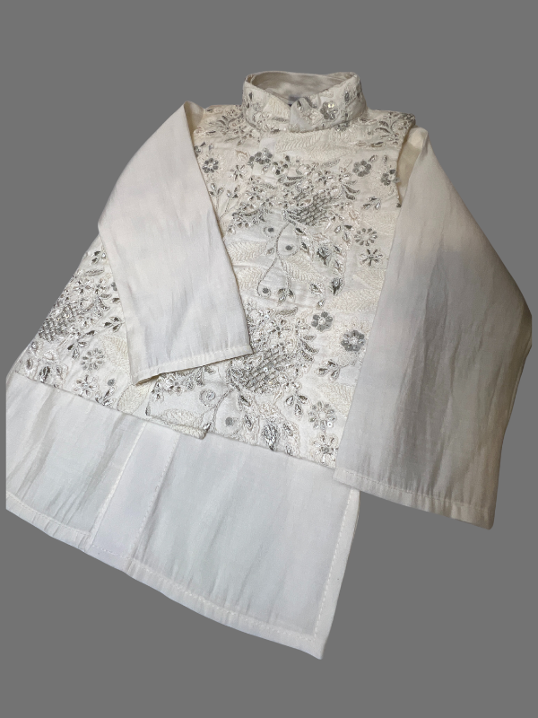 Boys' White Kurta Set with Silver Embroidered Jacket.