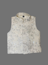 Boys' White Kurta Set with Silver Embroidered Jacket.