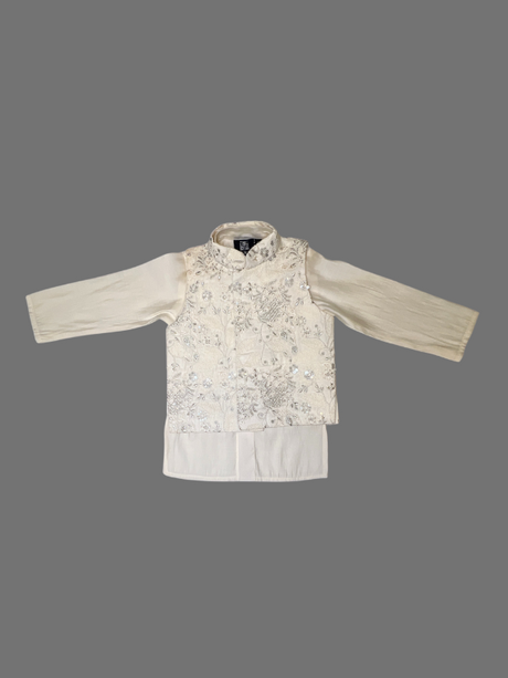 Boys' White & Silver Embroidered Kurta Jacket Set