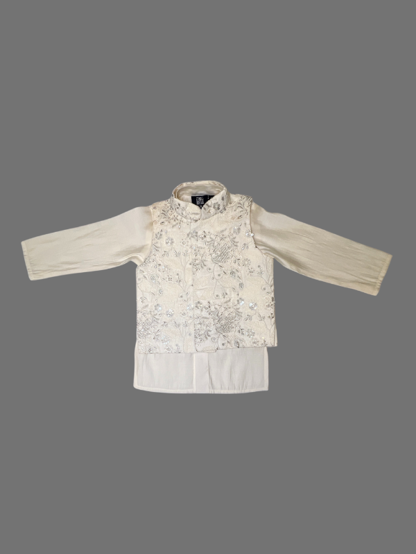 Boys' White & Silver Embroidered Kurta Jacket Set