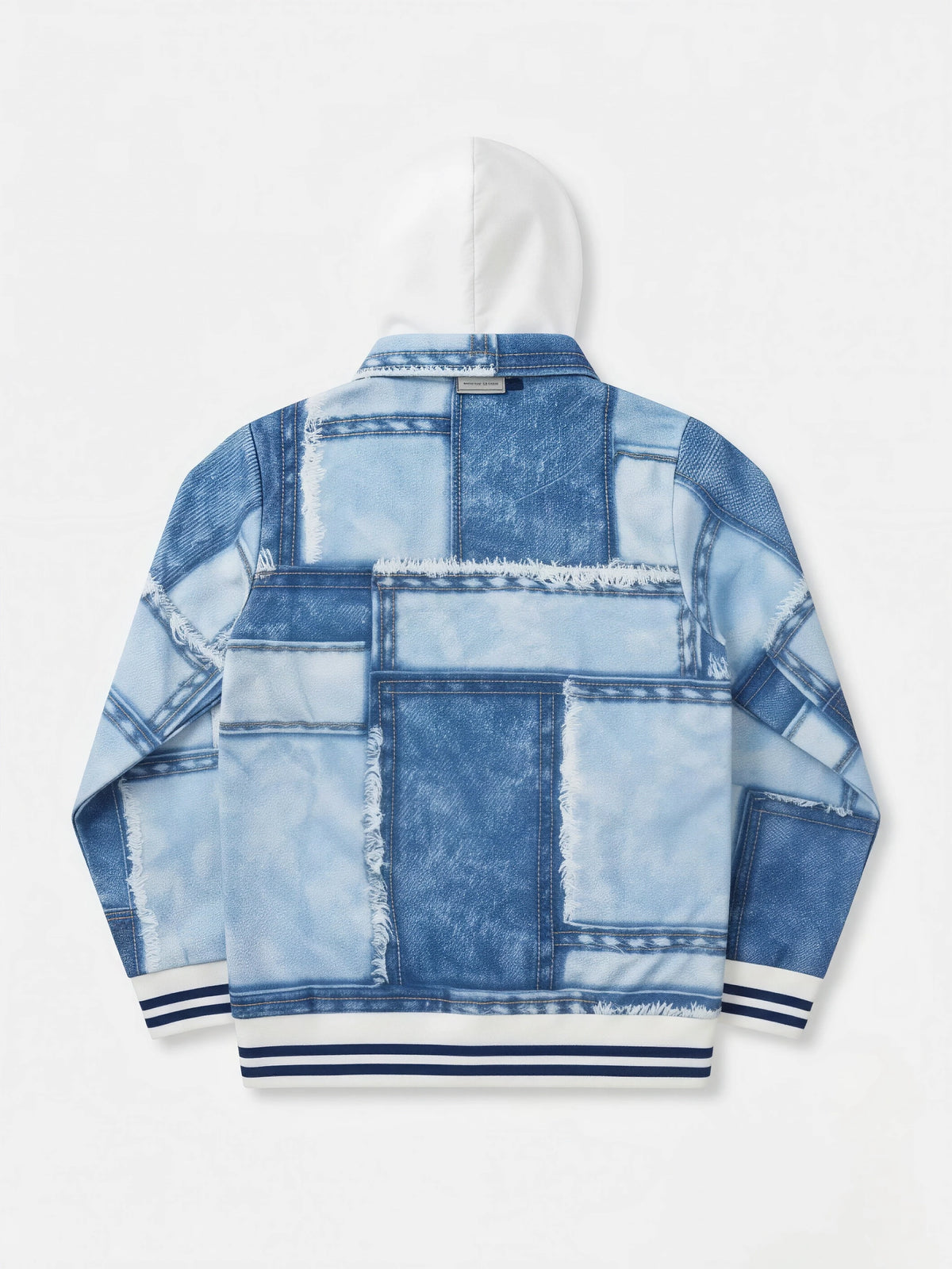 Blue Patchwork Print Hooded Zip Up Jackets Casual Wear