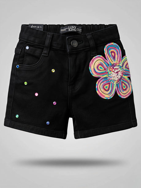 Girls Casual Black Denim Shorts with Floral and Rhinestone Accents