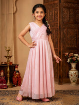 Girls Elegant Shimmer Pink Floor-Length Gown