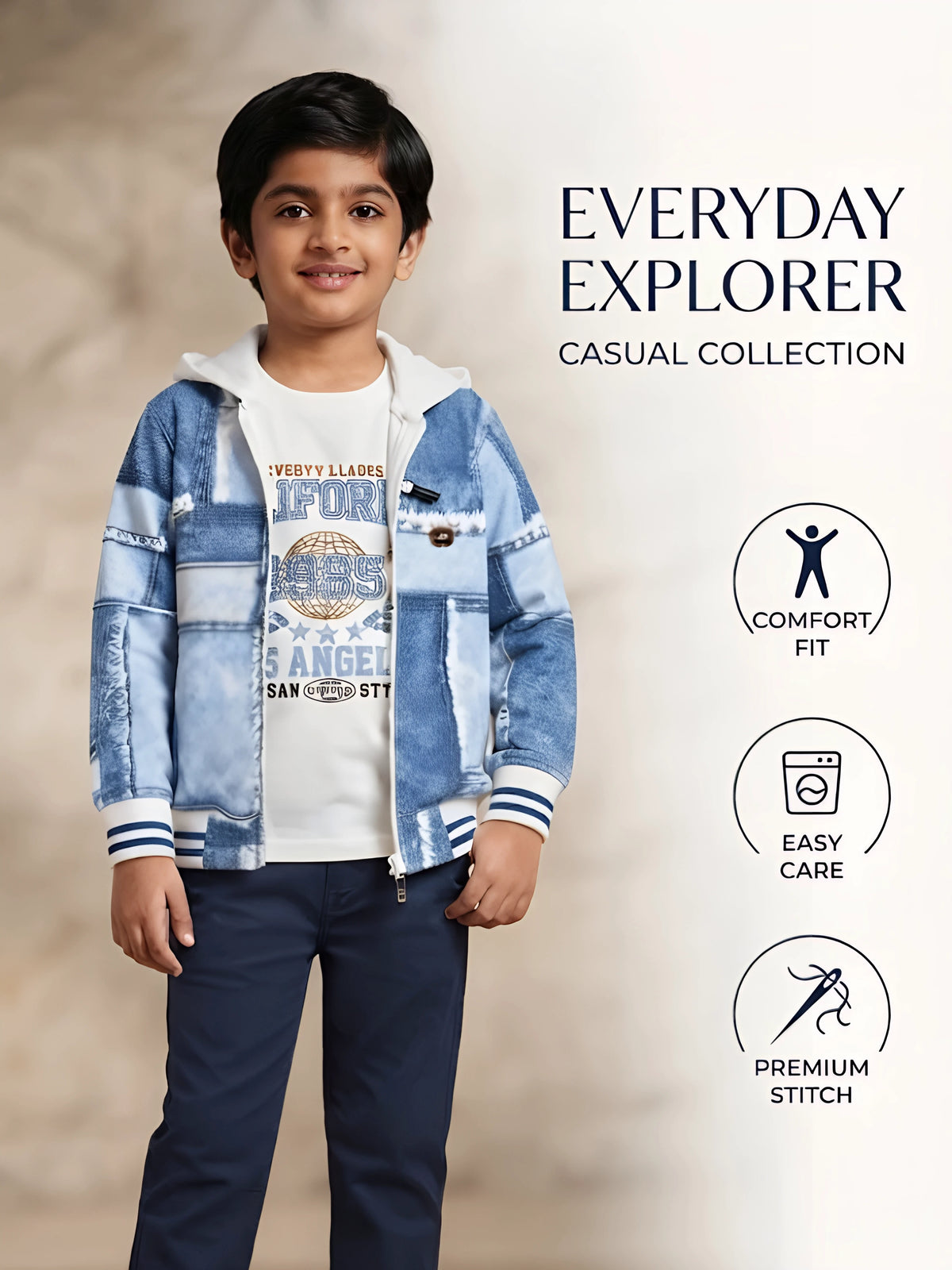 Blue Patchwork Print Hooded Zip Up Jackets Casual Wear