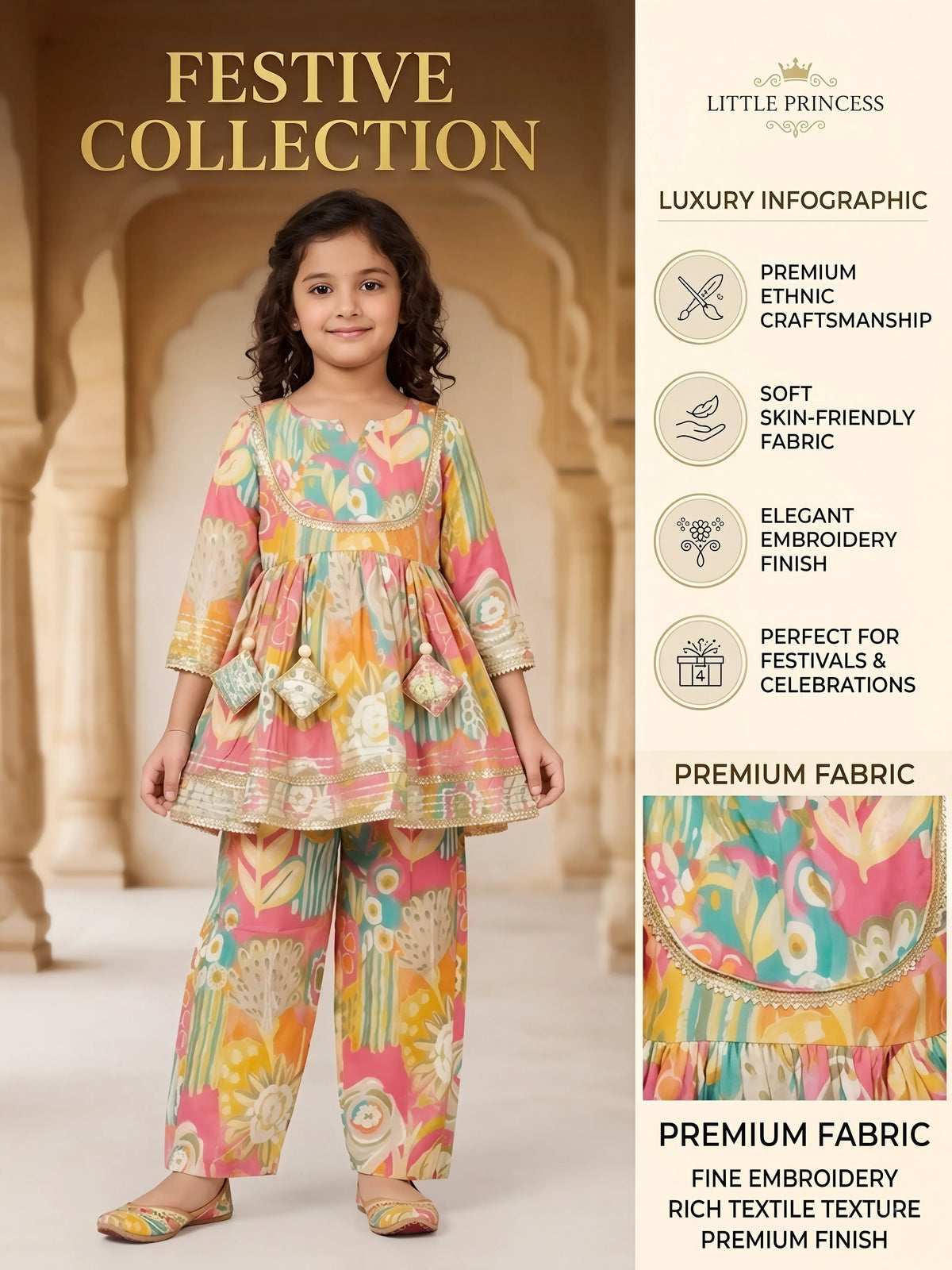 Girls Yellow Printed Ethnic Plazzo Set.