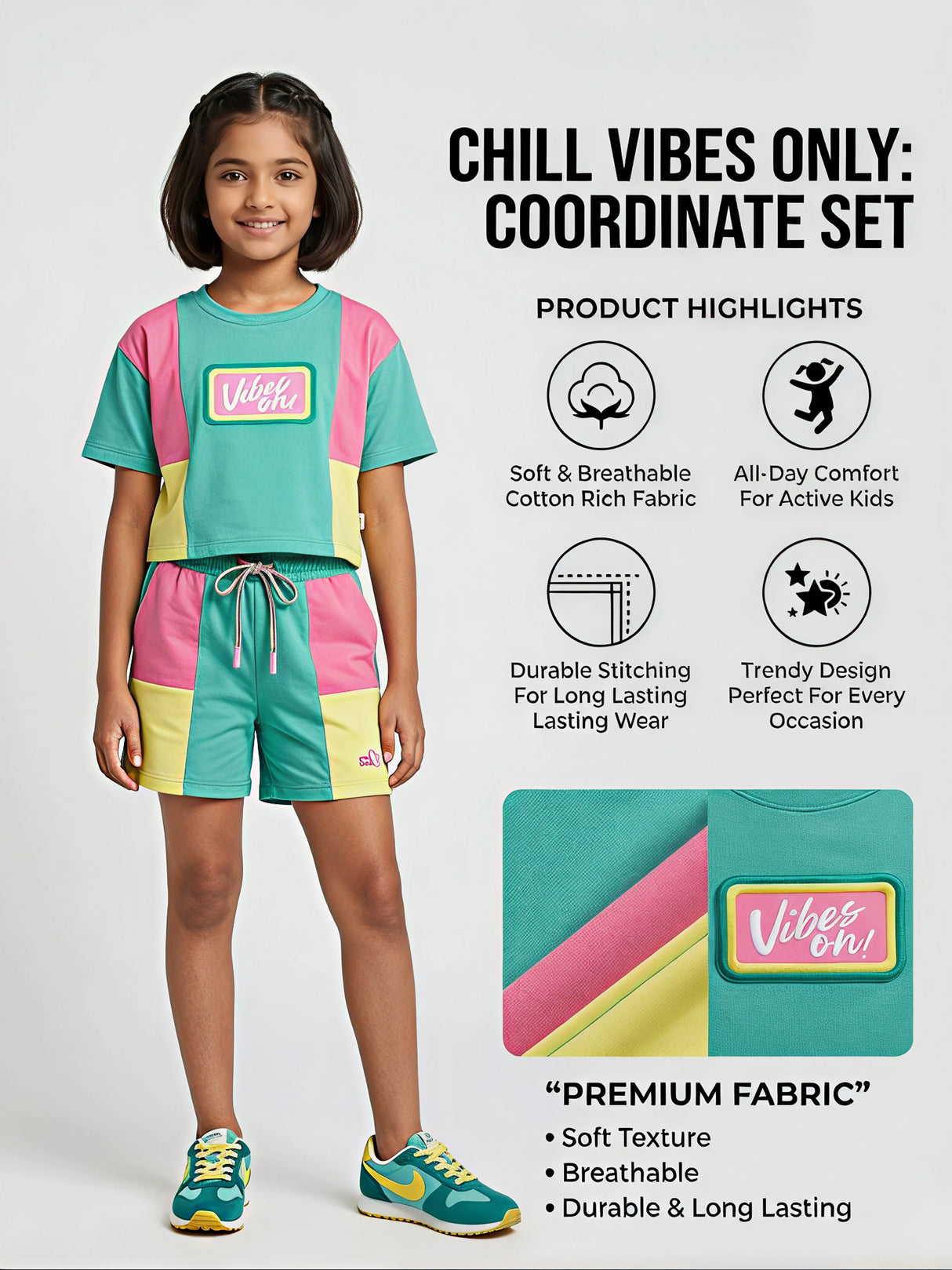 Vibrant Green Color-Block Girls Coordinate Set