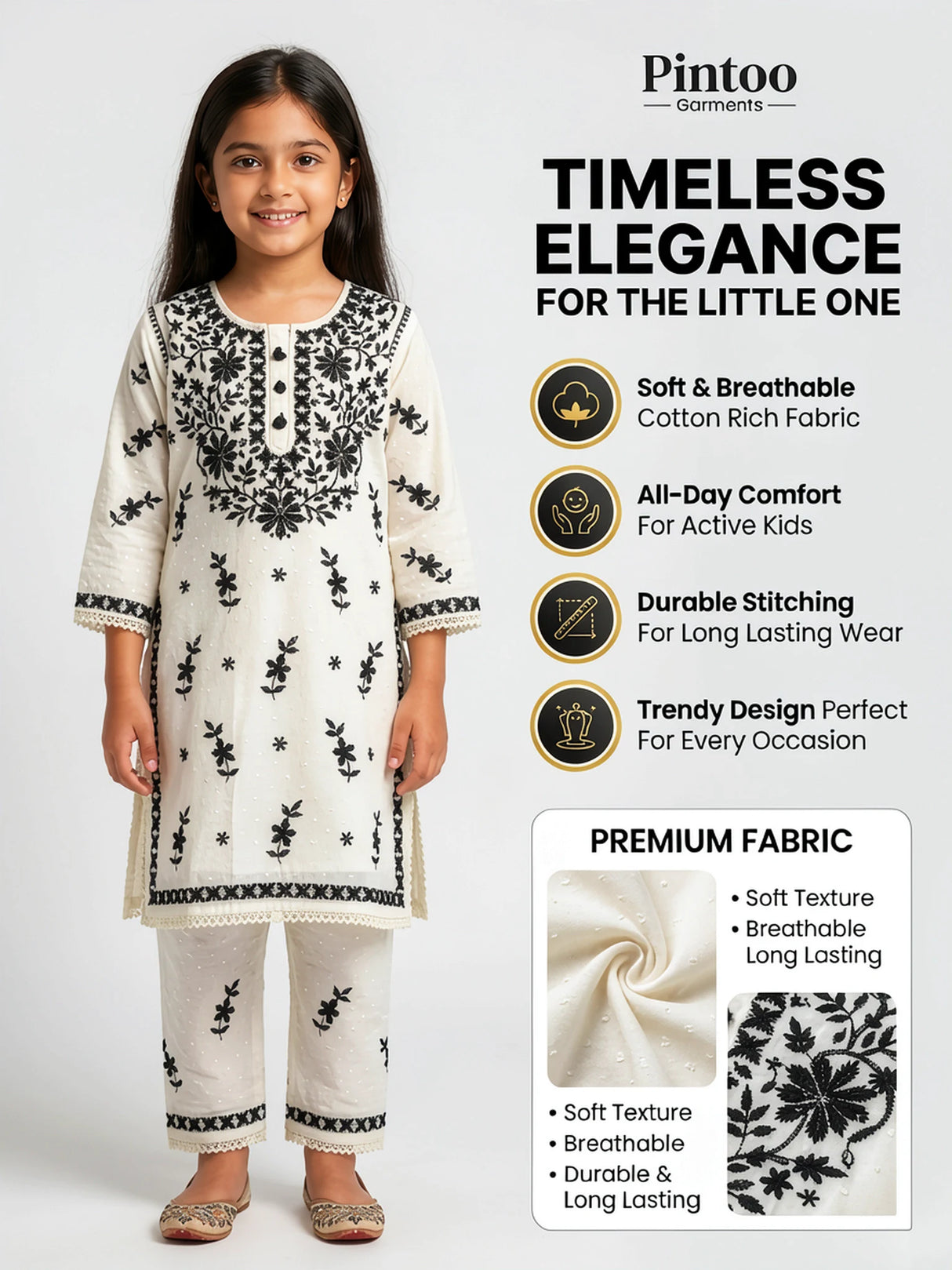 Girls Elegant Off-White & Black Chikankari Kurta Set